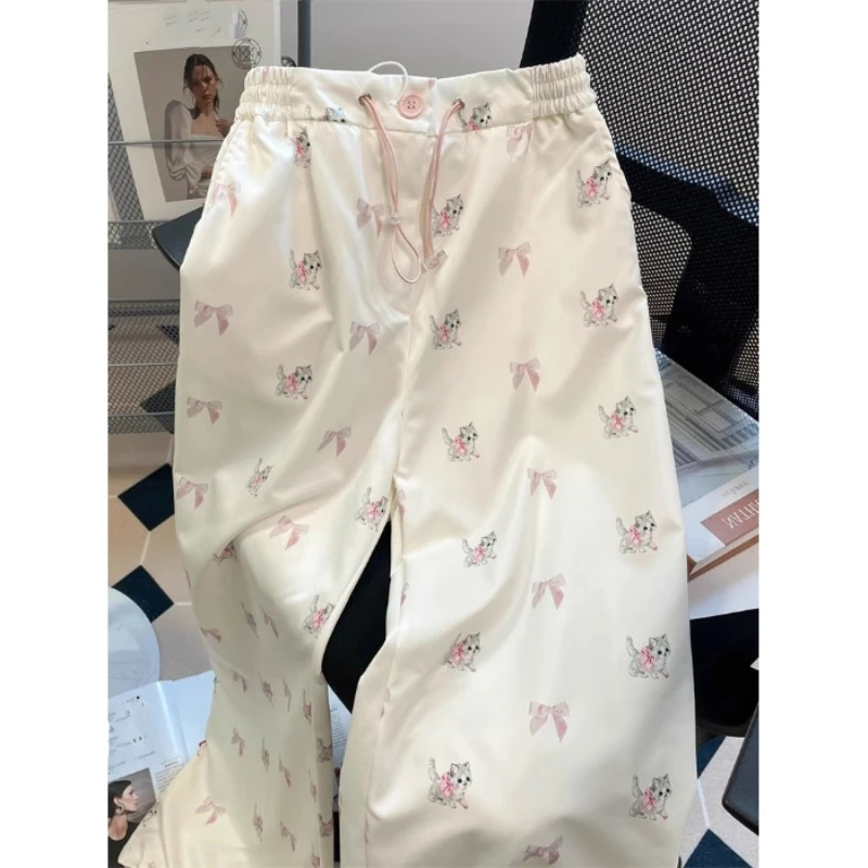 Doce bonito kawaii gato laço impressão calças para mulher y2k streetwear all-match mulher calças coreano casual novas calças femininas