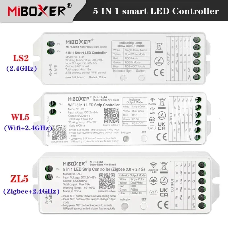 Miboxer 5 in 1  LED Controller Zigbee+2.4GHz ZL5 and Wifi+2.4GHz WL5 and 2.4GHz LS2 Support Alexa/Google Assistant/voice control