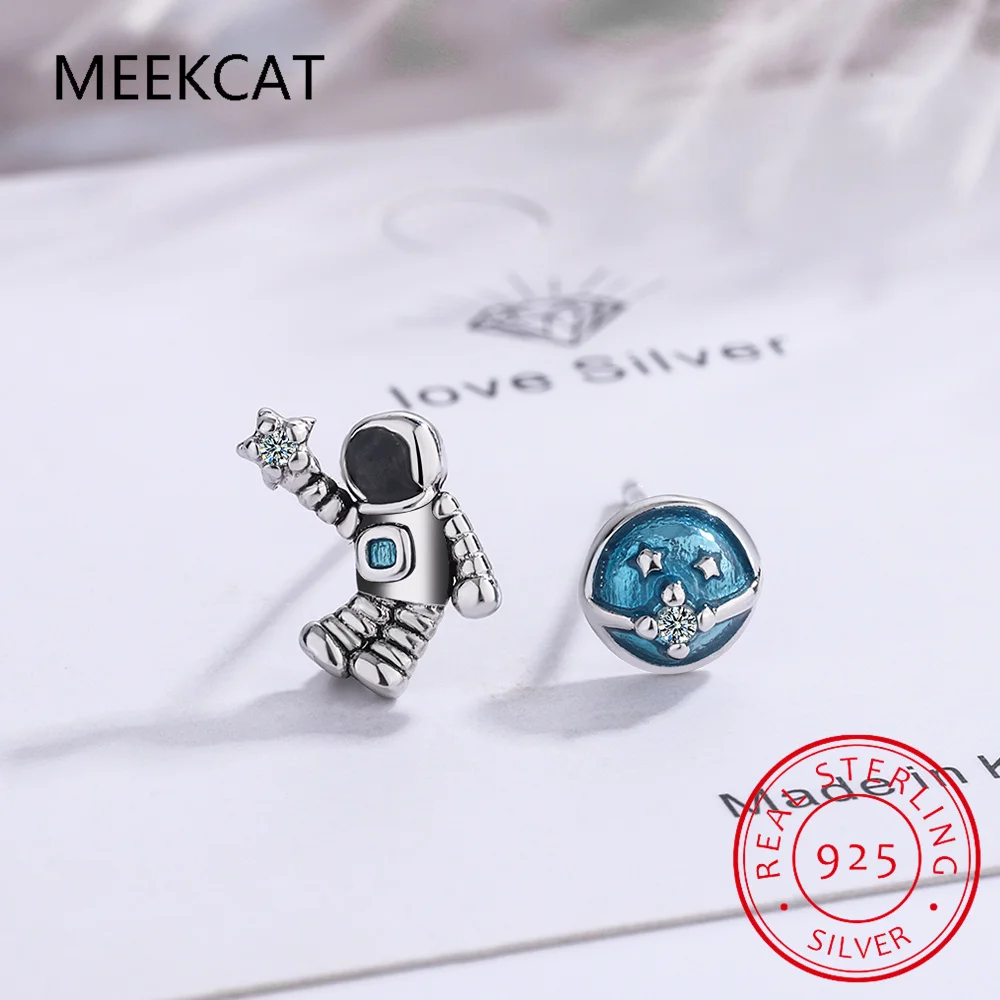 925 Sterling Silver Opal Astronaut Ear Stud Star Asymmetry Brincos de Prata for Gift for Women Girls Kids Lady Jewelry DS3501