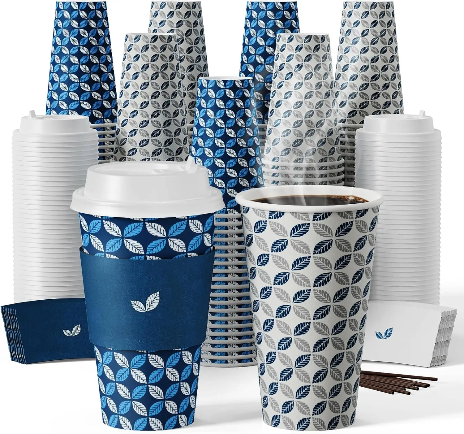 

16 oz Coffee Cups with Lids 100 Pack, Disposable Hot Paper Coffee Cups with Lids, Sleeves and Stirrers for Christmas, Th