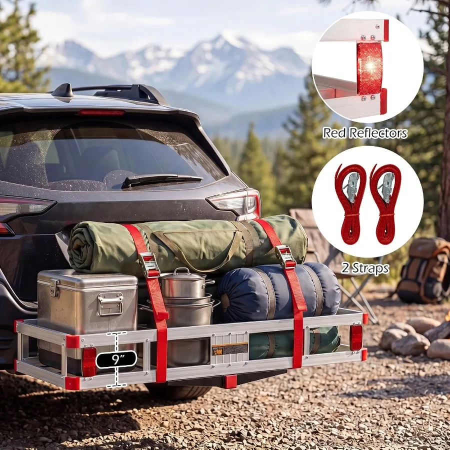Hitch Cargo Carrier, Aluminum Hitch Mount Cargo Basket with 500LBS Capacity, Fits 2 Receiver, 60 x 22 x 7 Trailer Hitch Cargo C