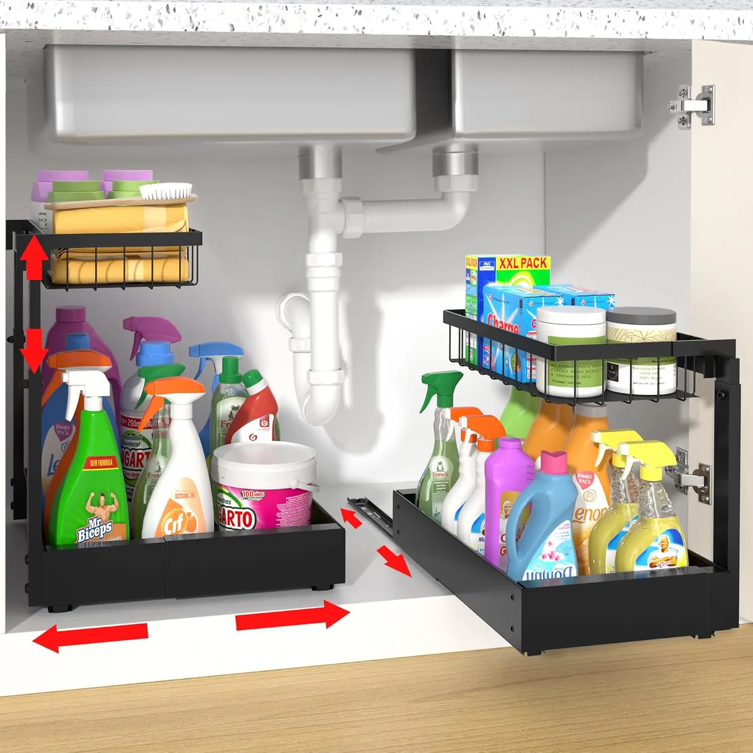 

2-Pack Expandable Under Sink Organizers and Storage, 2-Tier Adjustable Pull-Out Cabinet Organizers, Slide-Out Shelves with Wi