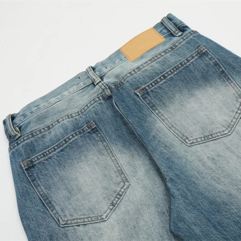 MWJLPWQ Kleurblok Spray Paint Washed Denim Rechte broek Heren High Street Amerikaanse INS Casual jeans Wijde pijpen broek 12321