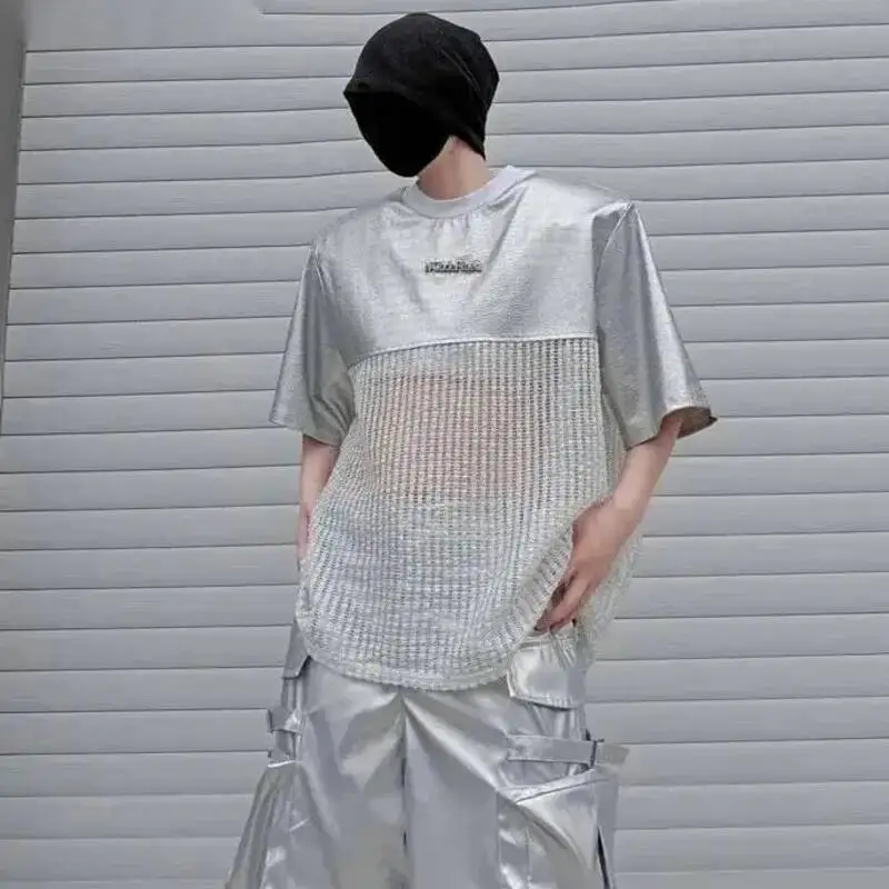 Elegant Mesh Patchwork Breathable Short Sleeve Men's T Shirt Summer Niche Fashion Loose Round Collar Pullover Tops 9XOESZ