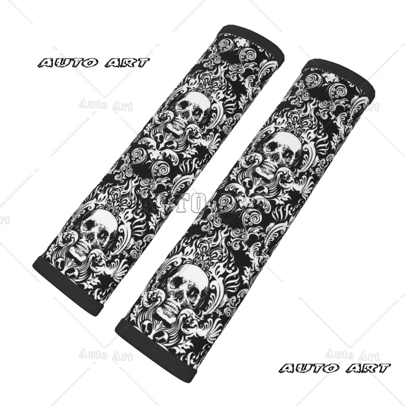 Gothic Style Skull Patterned Car Seat Belt Cover 2-piece Set Universal Comfortable Shoulder Strap Pad Luggage Strap