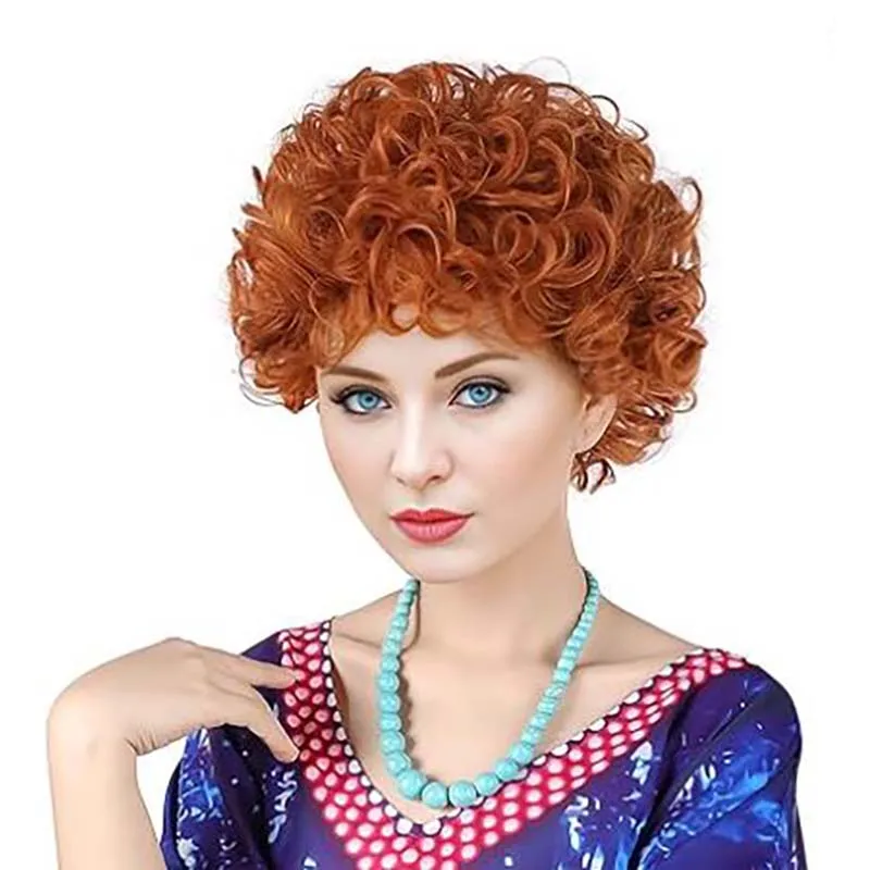 Red Orange Curly Wig for Women Landlady Costume Short Reddish Orange Fluffy Synthetic Wigs Mrs Roper Cosplay Halloween Party