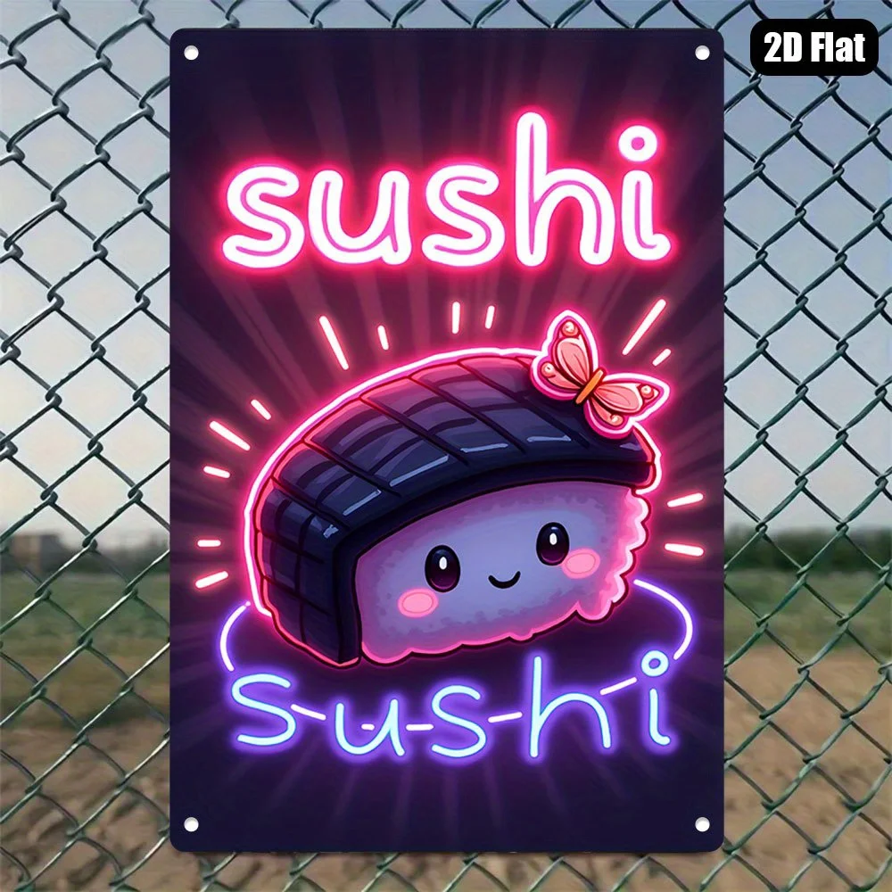 Vintage Metal Tin Sign, Neon‑Style NO LED Lights，, Sushi Neon Wall Art, Pink Purple Glow, Kitchen Bar Cafe Home Decor, Fun V