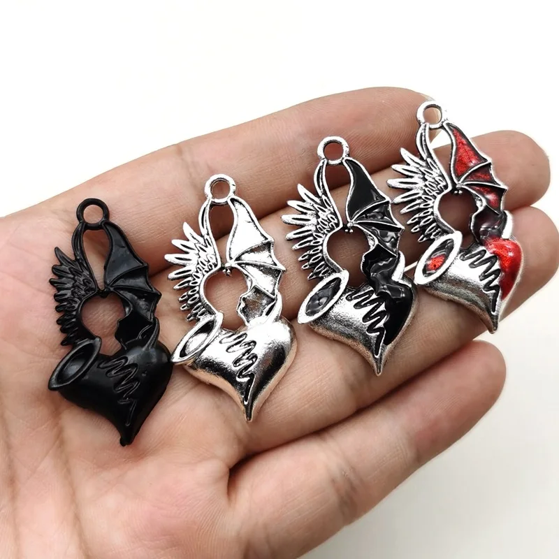 5Pcs/Lot 45x23mm 4 Color Heart Winged Goth Charms Pendant for Diy Jewelry Making Finding Supplies Accessories