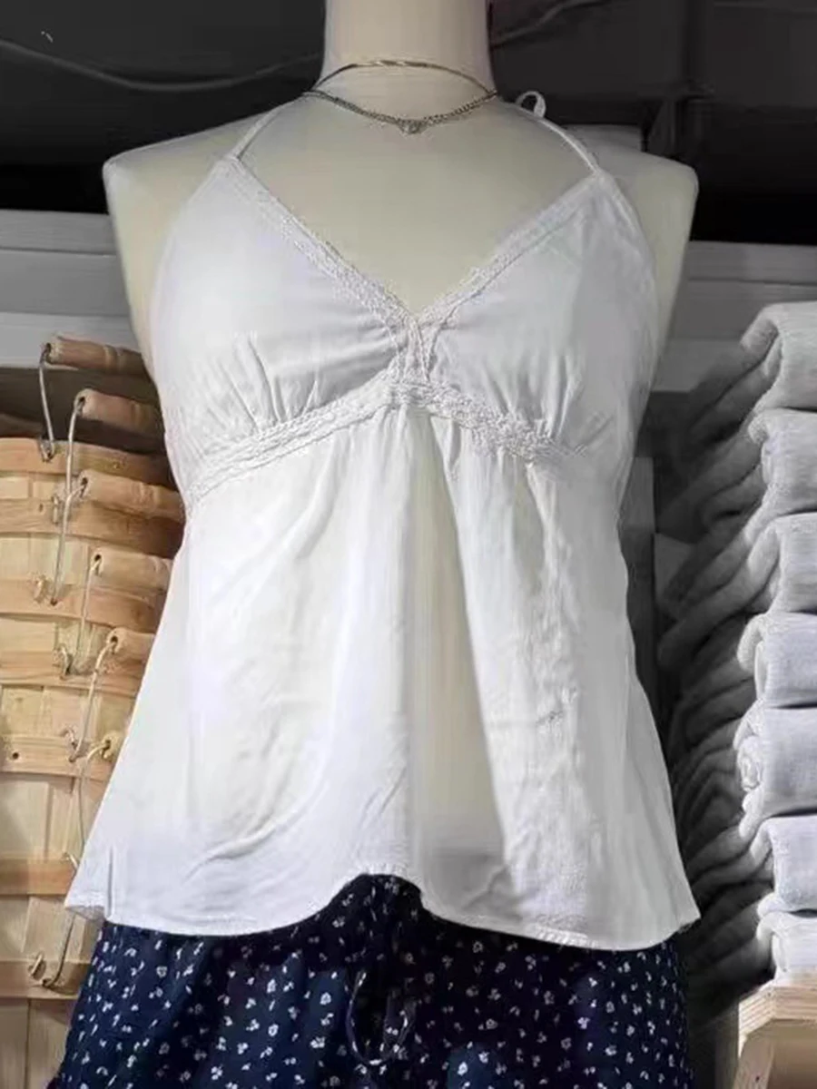 New White Lace Halter Crop Top Women Summer Solid V Neck Sexy Sleeveless Slim Camis Y2k Vintage Sweet Cotton Backless Tank Tops