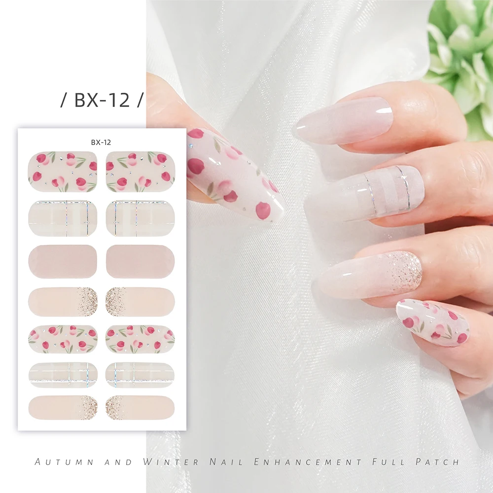 Waterproof Nail Patch Cure-free Gel Nail Stickers with Flower Self-Adhesive Nail Patch for Nails Manicures Press On Nails