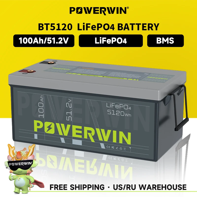 POWERWIN BT5120 51.2V 100Ah 5120Wh LiFePO4 Battery Built-in BMS Deep Cycles Solar Rechargeable Durable Solar Generator