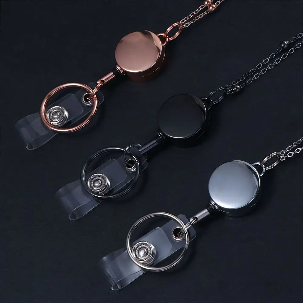 Stainless Steel Name Card Keychain DIY Beaded Lanyard Badge Holder Necklace Retractable Badge Reel Lanyard with ID Card Holders