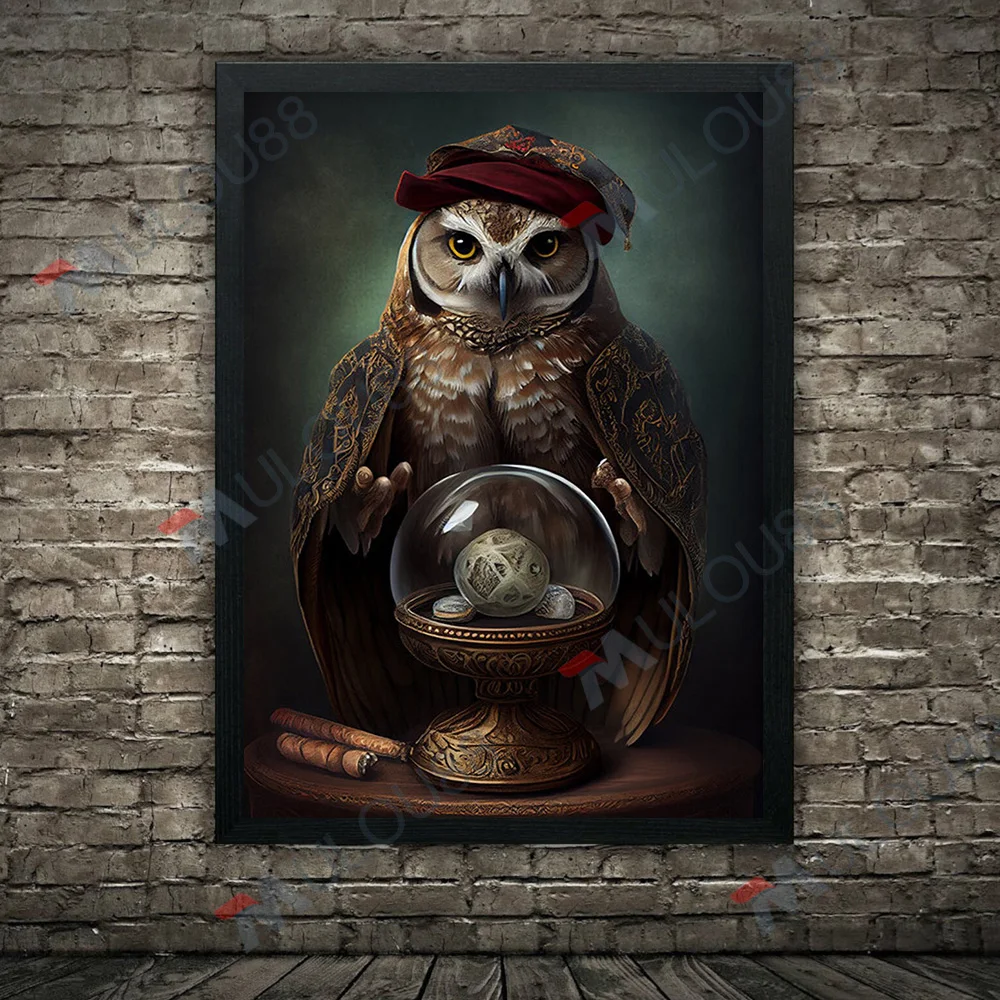 كريستال الكرة بير البومة صورة خمر الرسم على لوحات القماش الجدارية البومة الحيوان معالجات الخيال ملصق فني طباعة ديكور المنزل غير المؤطرة