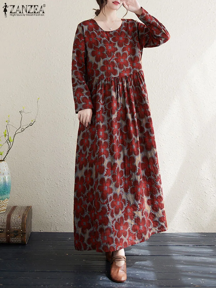 2024 Zanzea Vintage Vrouwen Bloemenprint Vakantie Maxi Jurk Herfst Lange Mouw Kaftan Zomerjurk Bohemian Party Vestido Robe Femme