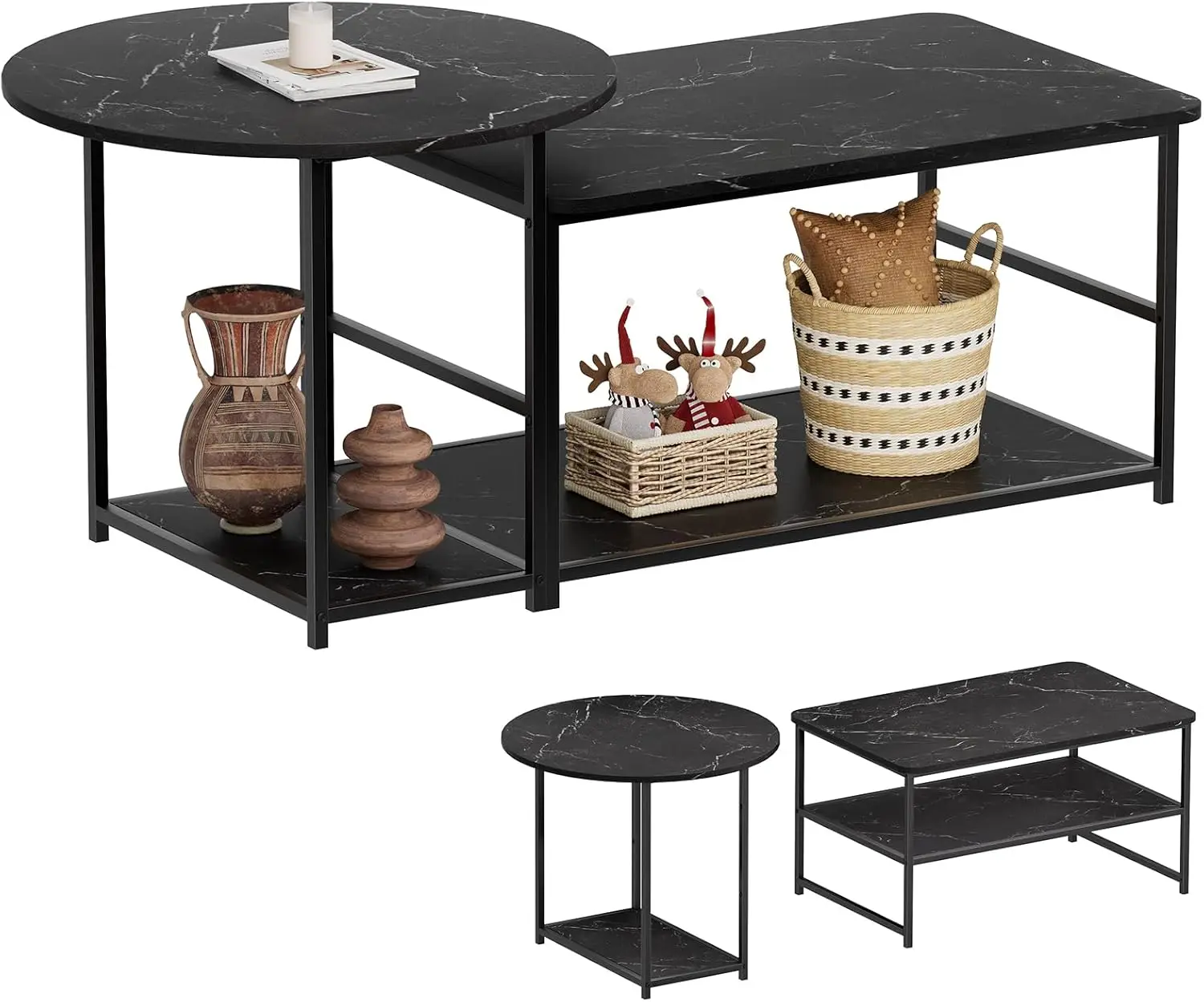 

Modern Black Coffee Table Set with Storage, Detachable 2-in-1 Design for Living Room, Faux Marble Top