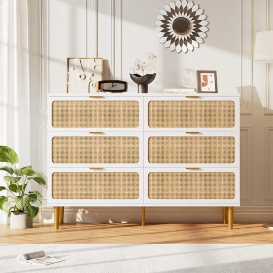 Rattan 6 Drawer Dressers for Bedroom, Deep Drawer Storage, Natural Brown, Handwoven Texture Smooth Gliding Mechanism