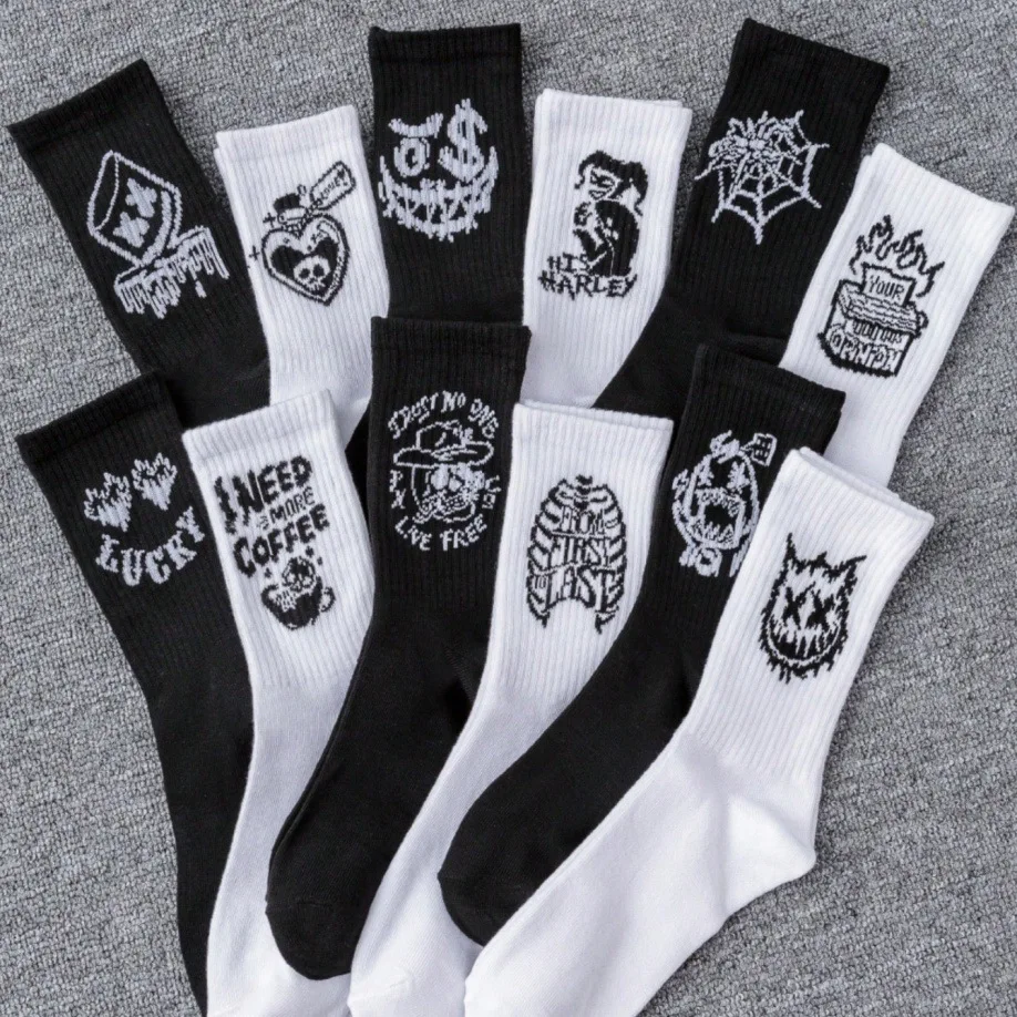 6 Pairs Men's Socks Set OverSize Korean Graffiti Simple Fashionable Versatile Mid Tube Socks Sports Comfortable Trendy Socks