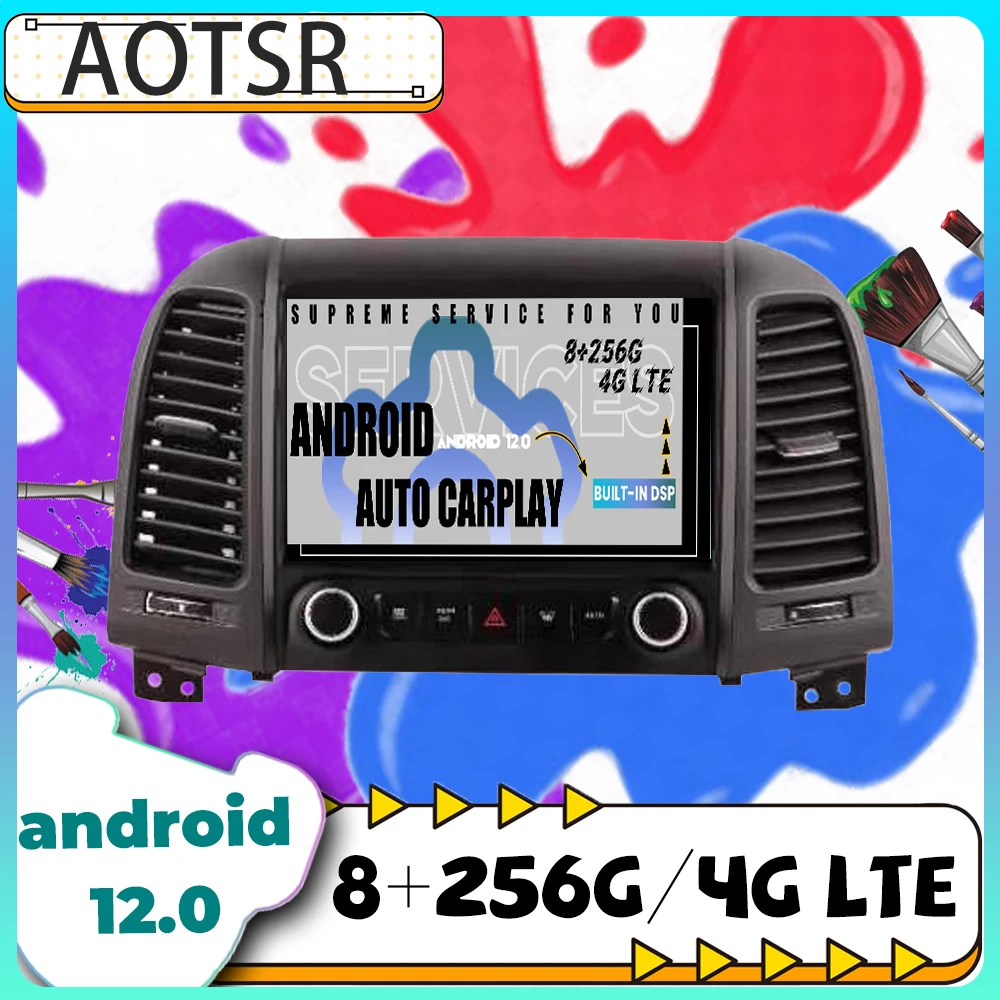 8+256G Android12 Screen  For Hyundai Santa Fe 2006-2012 Car Radio With Bluetooth Video Carplay Central Multimedia Player Stereo