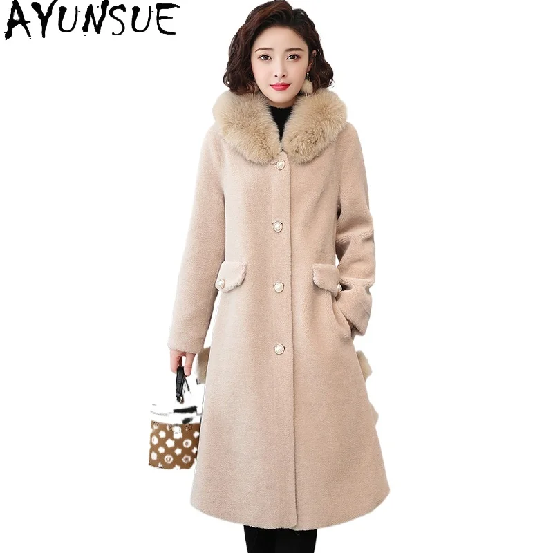 

AYUNSUE 100% Wool Coat Real Fur Coat Womens Long Coats Winter Women Clothing Fox Fur Collar Composite Sheepskin Fur Шуба 2024