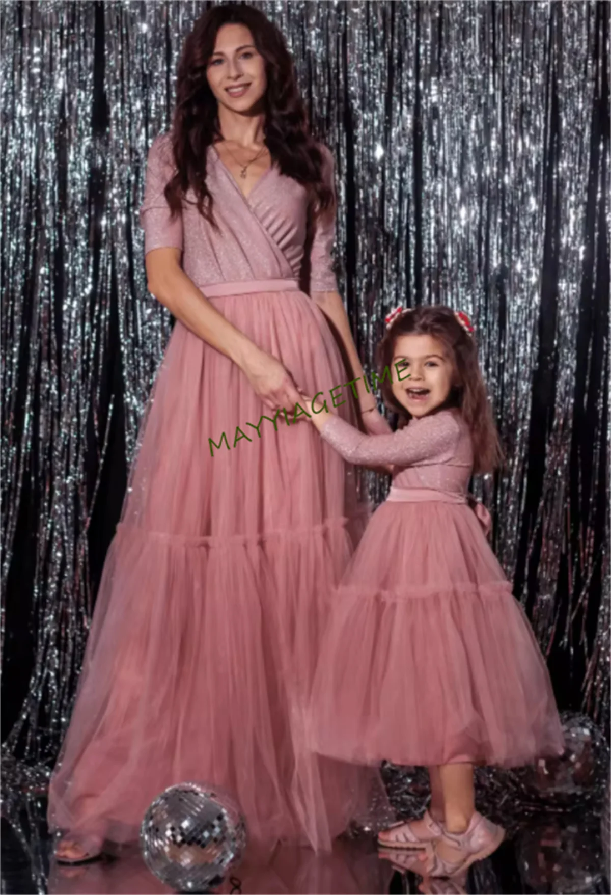 Vestidos en polvo Vestidos para madre e hija para sesión de fotos Ocasión especial Mamá y yo Tela elástica Hilo brillante