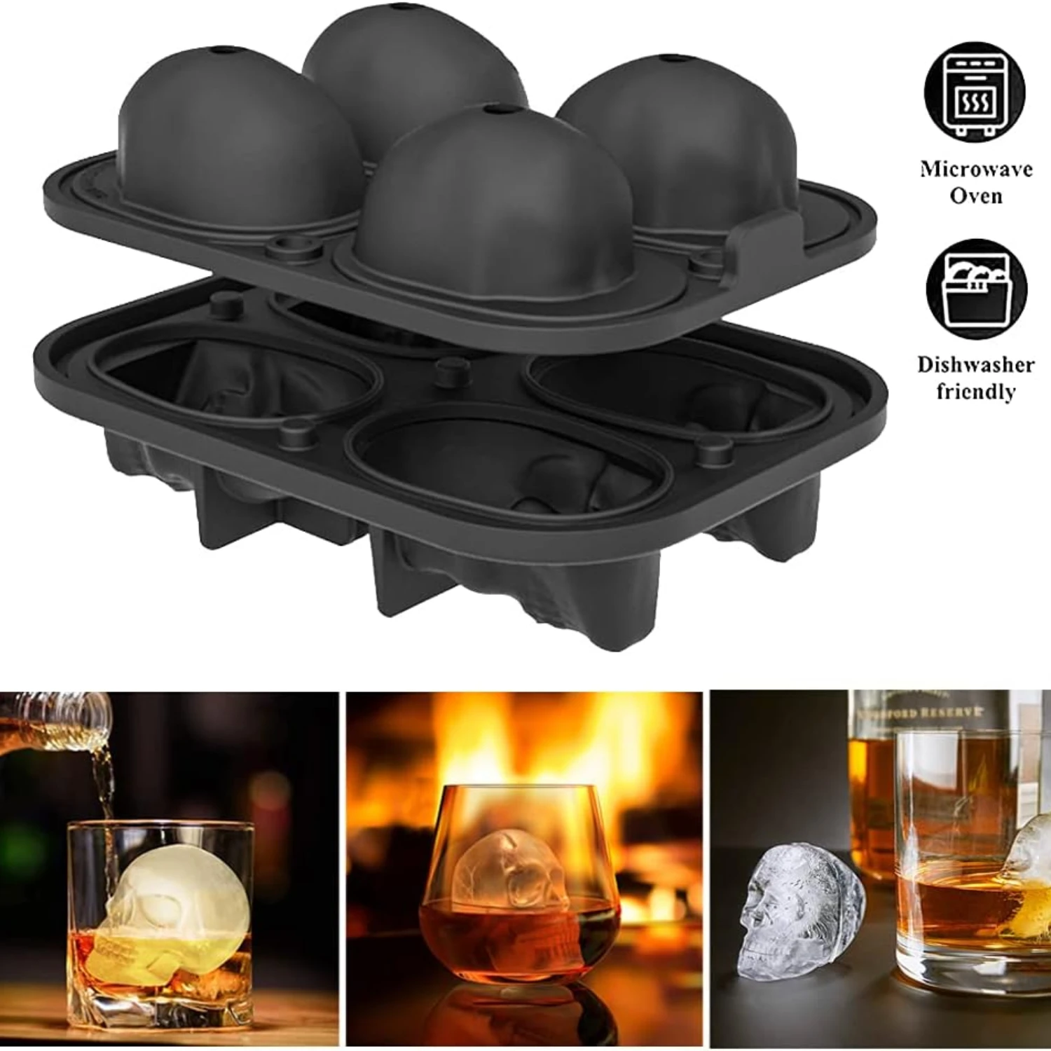 Large 4D Skull ICE MOLD Silicone 4 Cavity Super Flexible Ice Cube Mold with Funnel  for Jello Whiskey Cocktails Chocolate Juice