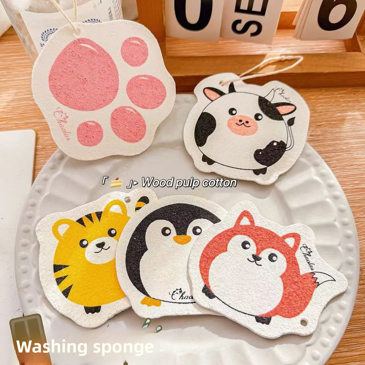 Cartoon Print Thickened Wood Pulp Sponge Dishwashing Scrub Kitchen Cleaning Water-Absorbing Brush for Dishes and Chopsticks