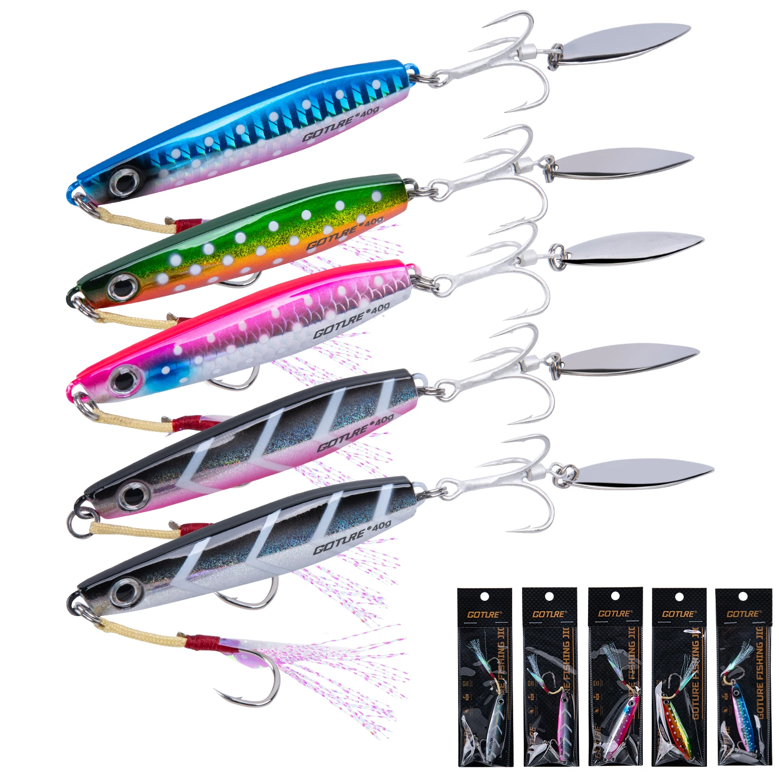 Goture 40g/60g Metal Jig Lure Spinner Spoon 3D Eye Color Laser Spinning Fishing Tackle with Hook Swimbait Spinnerbait Bait