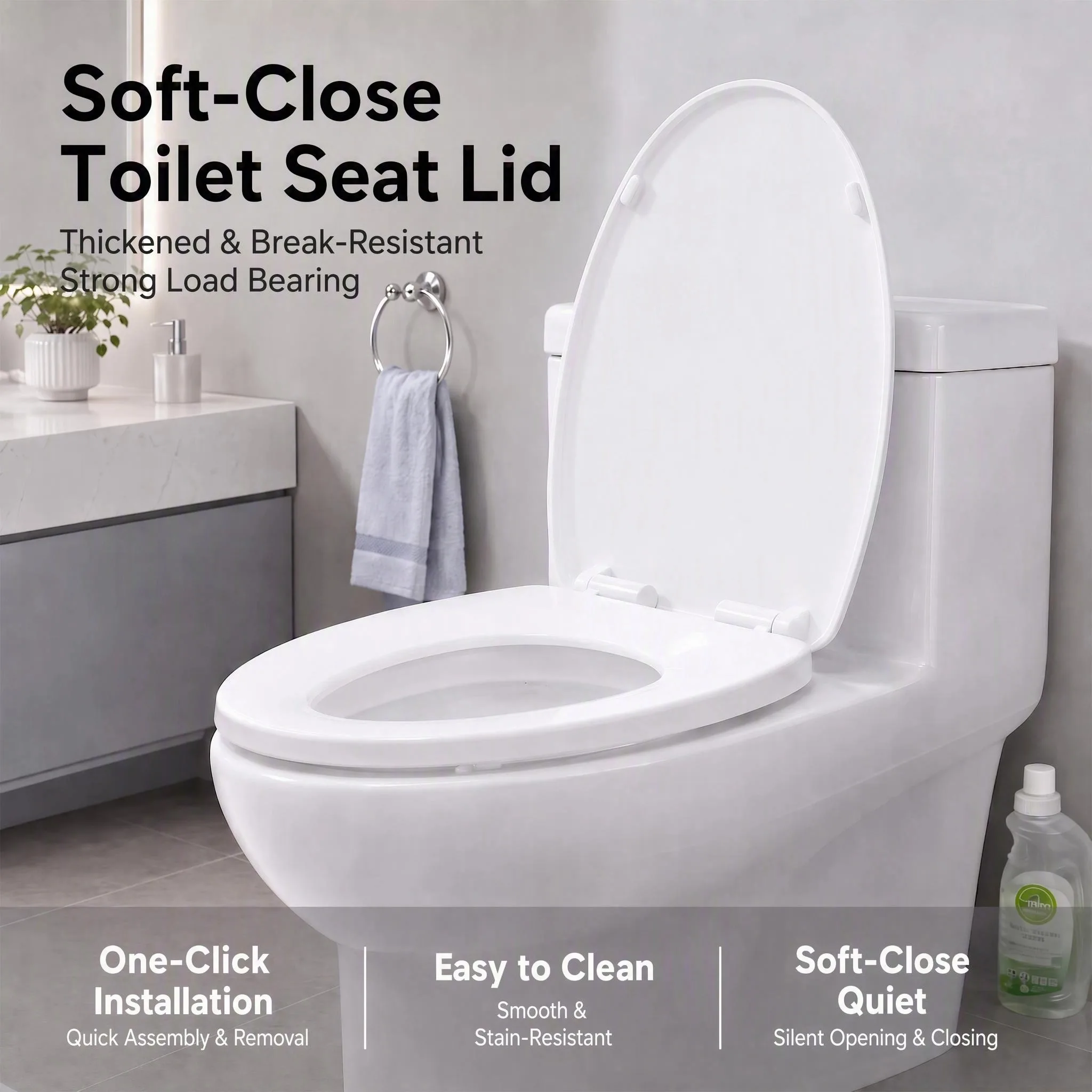 Soft Close Toilet Seat Lid, Thickened Break-Resistant PP Material, Quick Release One-Click Installation, Quiet Slow Close Toilet