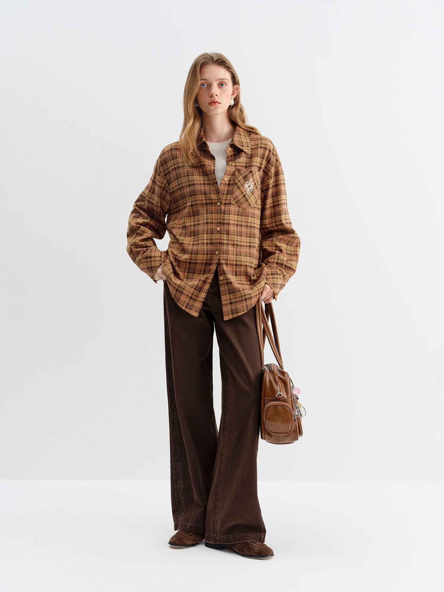 FSLE 2025 الشتاء المرأة خمر غسلها المطرزة الموز الجينز منحني عالية الخصر واسعة الساق السراويل سليم صالح الرجعية السراويل