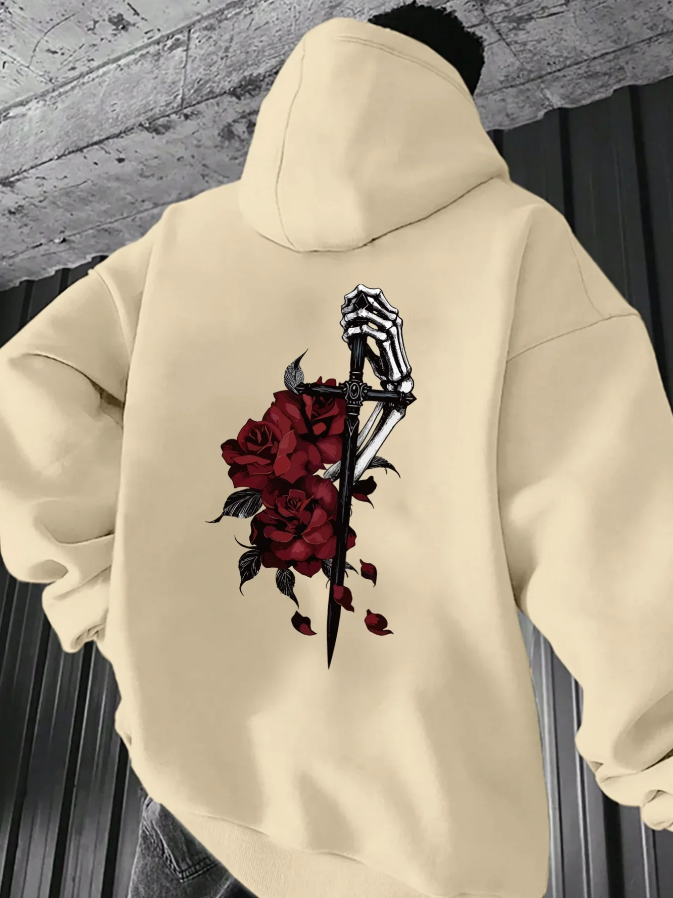Skeleton Hand Sword Red Rose Dark Tattoo Style Large Back Print Hoodie Pullover Unisex Loose Fleece Lined Autumn Winter