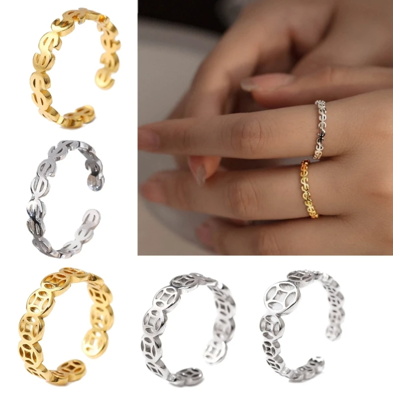 Women Lucky Charm Ring Money Catcher Coin Vintage Hollow Stainless Steel Finger Ring FengShui Rings Jewelry Accessories