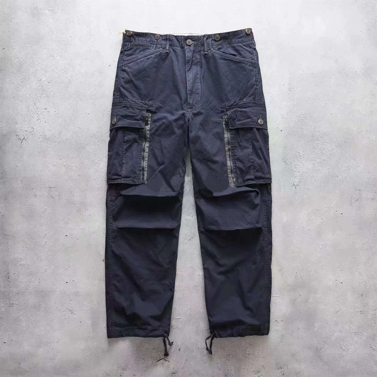 24SS RRL Japanese Casual Pleated Retro Color Patchwork Pockets Wax Dyed and Washed Cargo Pants for Men