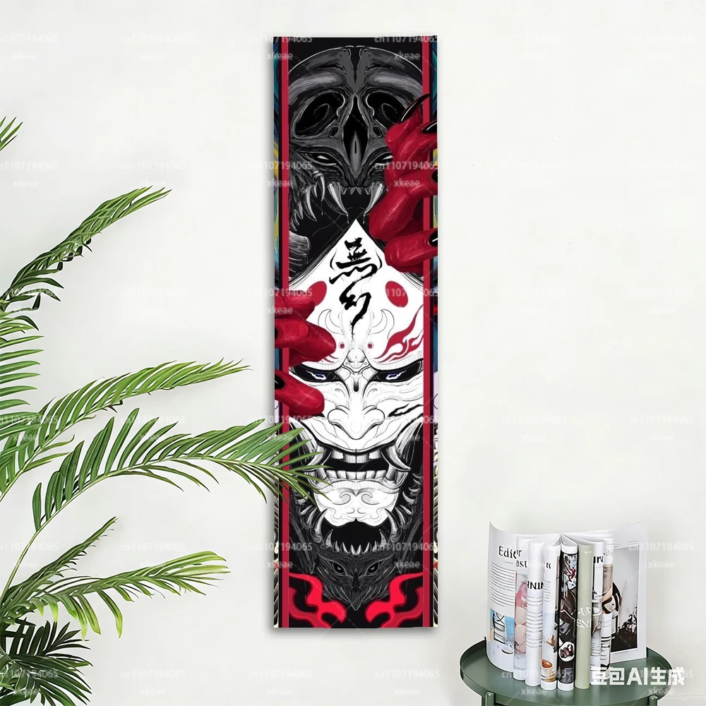 Japanische Oni Hannya Masken-Wandteppich, Samurai-Dämon Vertikaler Wandbehang, Anime Ästhetische Raumdekoration