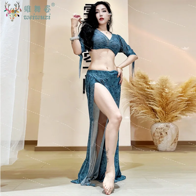 بدلة ملابس أداء الرقص الشرقي للنساء للرقص الشرقي نصف كم علوي + تنورة طويلة شبكية 2 قطعة مجموعة ملابس احترافية شرقية #2