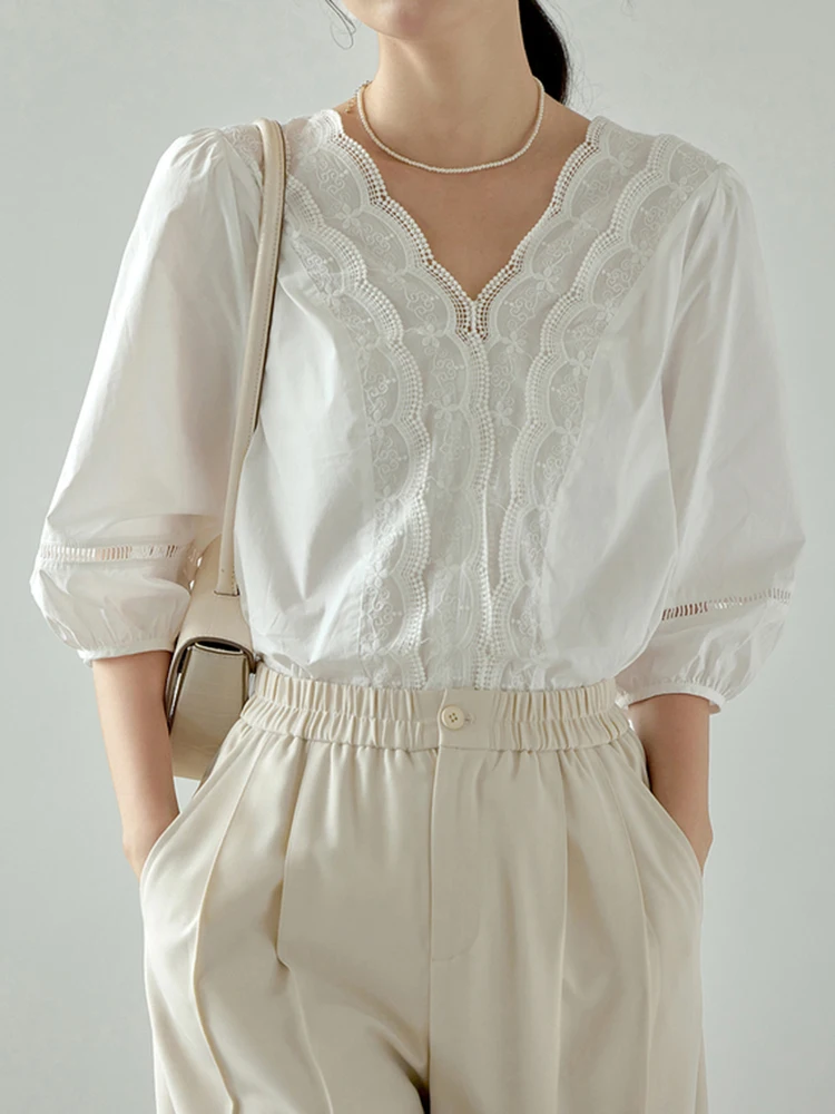 2025 New Summer Short Sleeve White Shirts Women Embroidered Lace Blouse V Neck Hollow Out Tops Female Elegant Office Ladies Tops