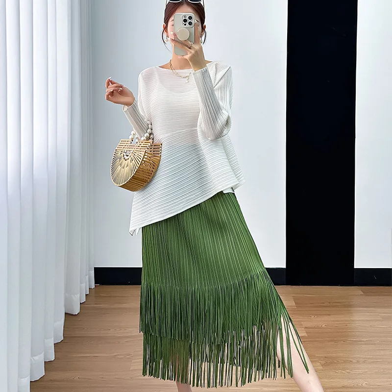 

Irregular Simple Solid Colour Loose Top Pleated High Waist Half-body Skirt Two-piece Set Miyake 2025 Summer New Women's Suit