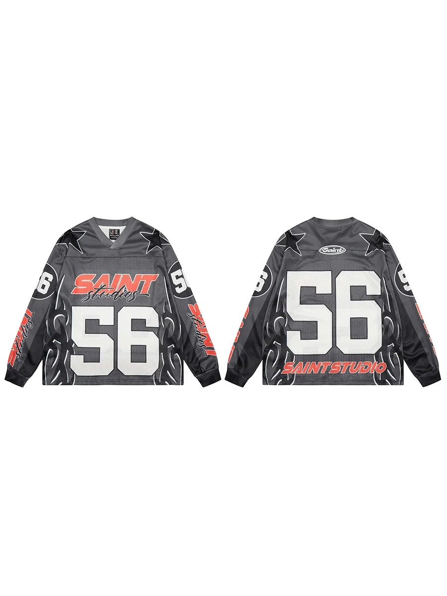 

Retro American Lettering 56 Street Style T-Shirt Loose Long Sleeve Mesh Patchwork Breathable Cotton Casual V-Neck Tee