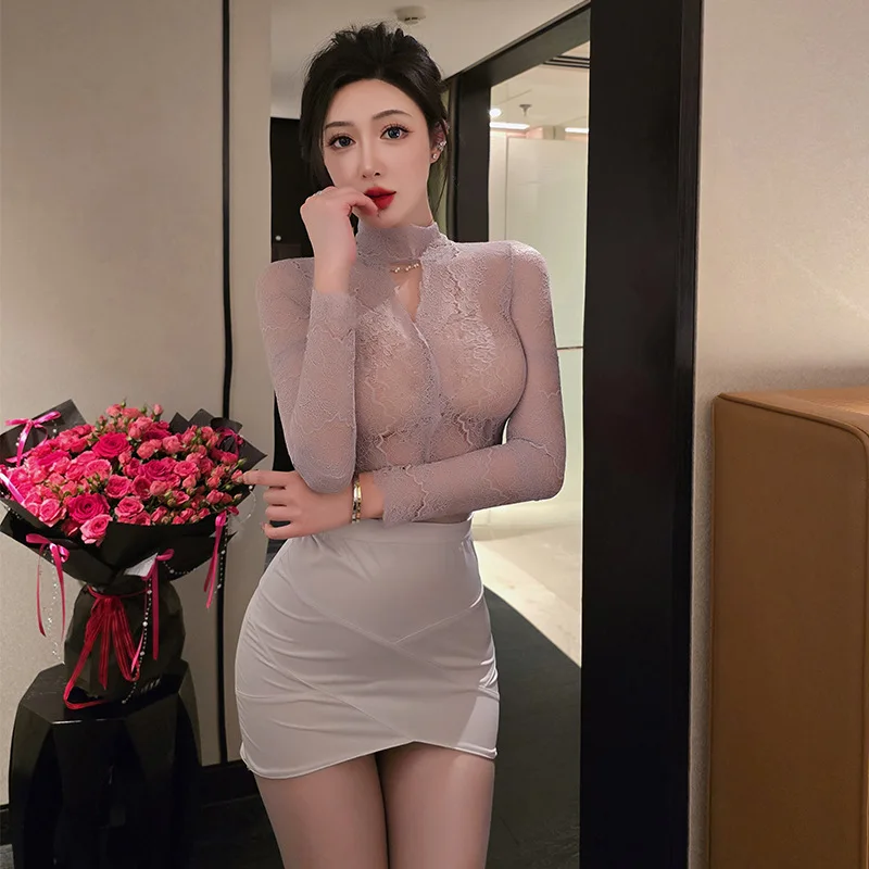 

Lady Sexy Office Secretary Cosplay Costumes Women Sexy Lingerie Stewardess Outfit Lace See Through Top and Miniskirt Uniform Set