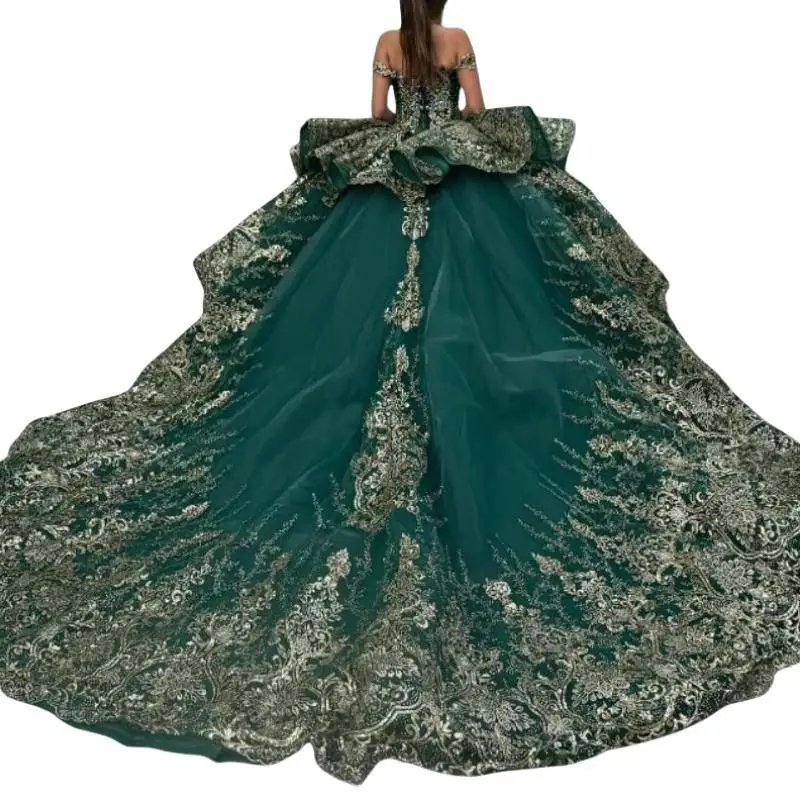 Custom Made Emerald Quinceanera Dresses Off Shoulder Gold Lace Applique Ball Gown Sweet 15 16 Birthday Party Prom Dress Vestido