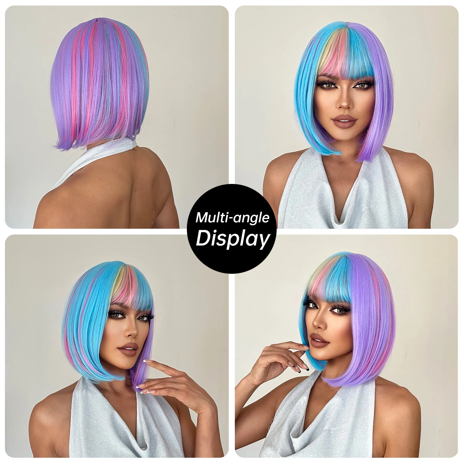 Straight Natural Bob Women Wig Blue Purple Pink Yellow Colored Cosplay Lolita Hair Synthetic Fiber Wig with Bangs Party Costume