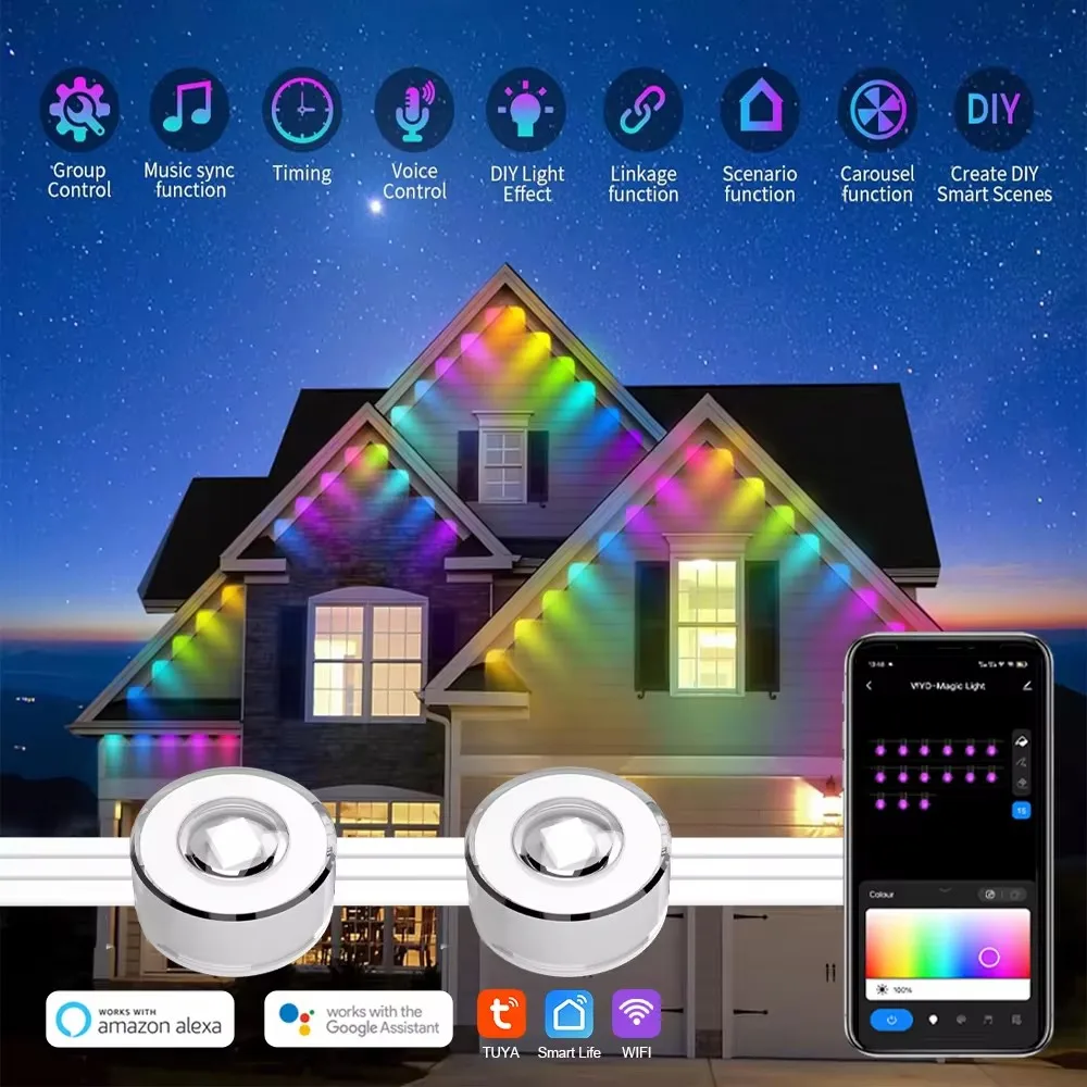 Smart WIFI RGBIC Eaves Lights Permanent Outdoor Lights Outdoor Waterproof Lighting Strings Work with Alexa, Google Assistant