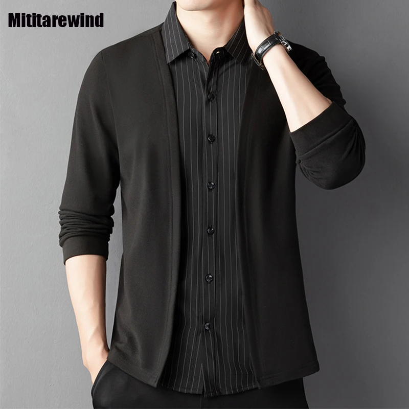 New Long Sleeve Shirts Men Office Casual Fake Two Piece Shirt Striped Black Shirt Middle-aged Men Clothing Elegant Tops Fashion