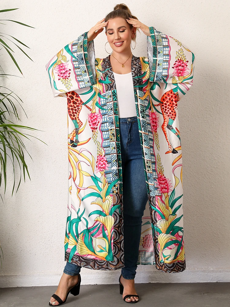 Plus Size Boho Kimono  Womens Plus Tropical Print Contrast Binding Long Sleeve Open Front Loose Beach Kimono Cover Up