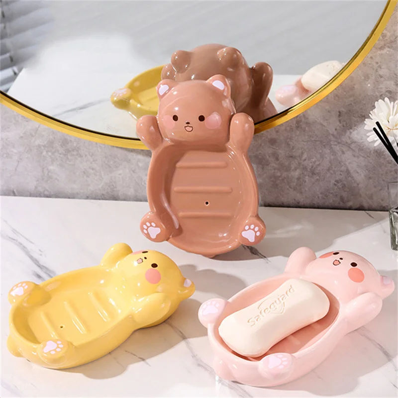 Cartoon Bear Ceramic Soap Box Creative Soap Box Wash Desk Filter Drainage Storage Soap Box