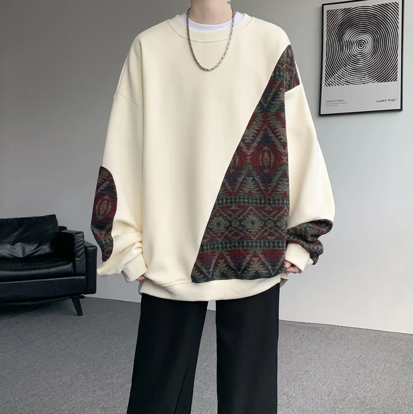 

Модный свитшот оверсайз в стиле пэчворк для мужчин, весенне-осенняя куртка большого размера, молодежная свободная универсальная спортивная куртка с геометрическим узором