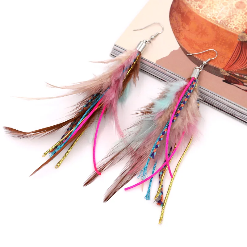 Colorful Feather Earrings for Women Bohemian Handmade Jewelry Wholesale Long Tassel Clay Beads Drop Earrings Female Girls Gifts