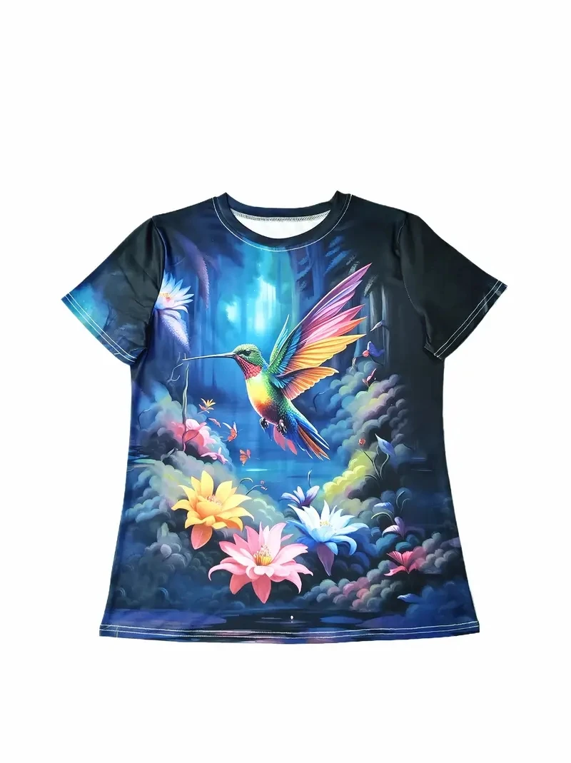 Women's PLUS Size 3D Animal Bird Print Short Sleeved T-shirt, Loose and Casual, Soft, Comfortable and Breathable, Outdoor Sports