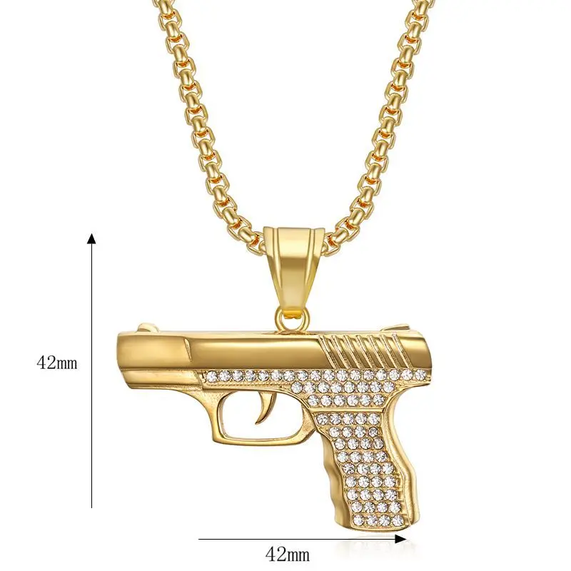 Hip Hop Rock Solid Titanium Steel Automatic Pistol Gun Pendants Necklaces for Men Rapper Jewelry Gold Silver Color Drop Shipping