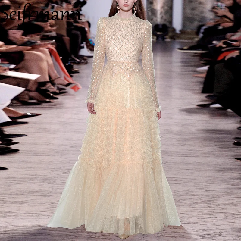 Seifrmann round neck long sleeved sequined nail bead waist cinched mesh princess style long dress 2025 autumn