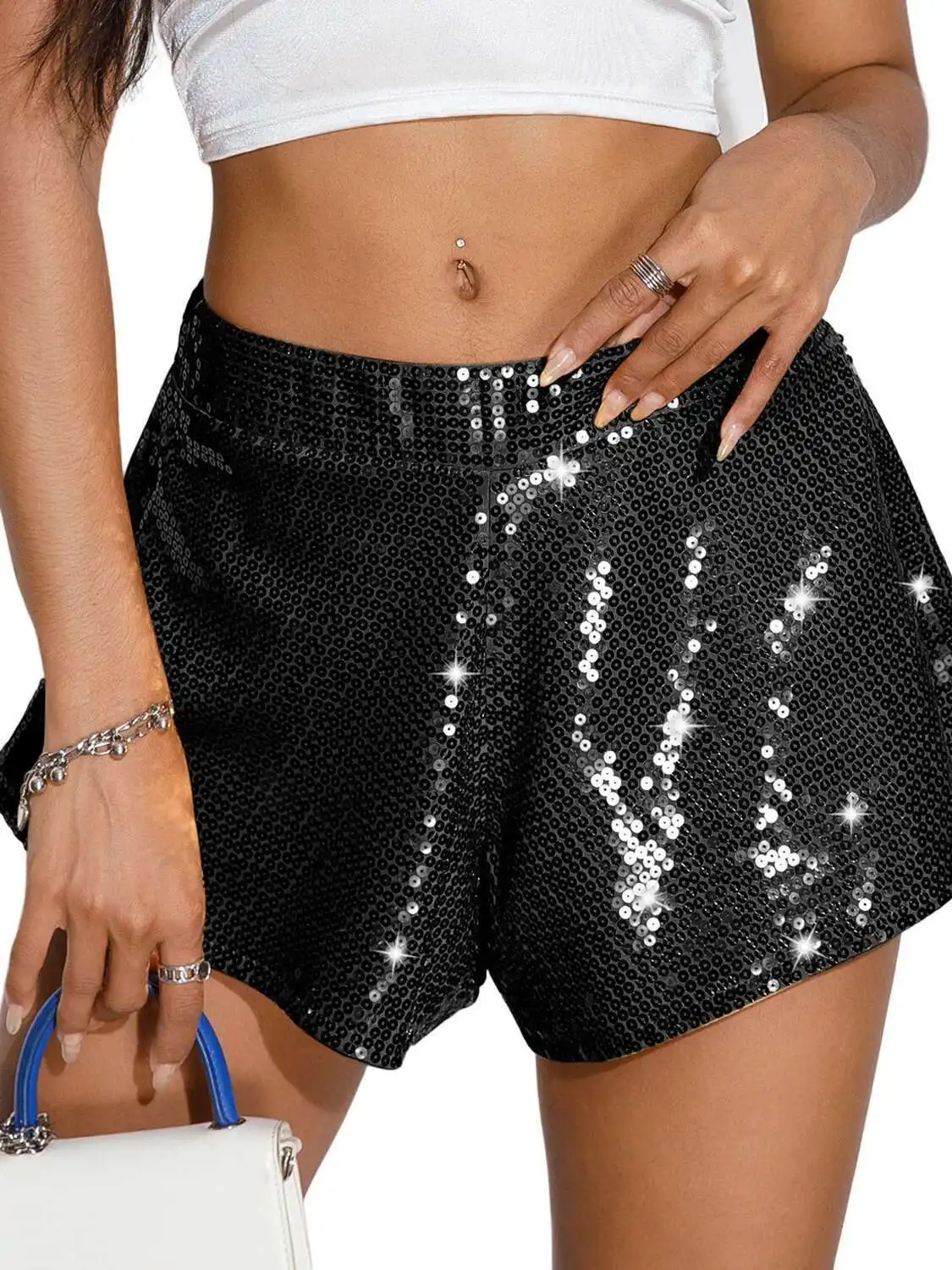 Neue Damen-Shorts mit hoher Taille, Glitzer-Pailletten, elastische Taille, lockere Passform, Hotpants, Club, Party und Performance, Bühnen-Shorts CI2S
